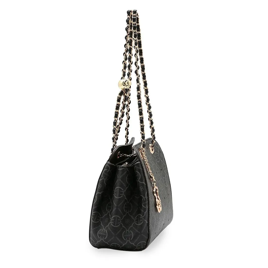 Bolsa Chenson Classic Cristal Ombro preta vista lateral com detalhes metálicos dourados